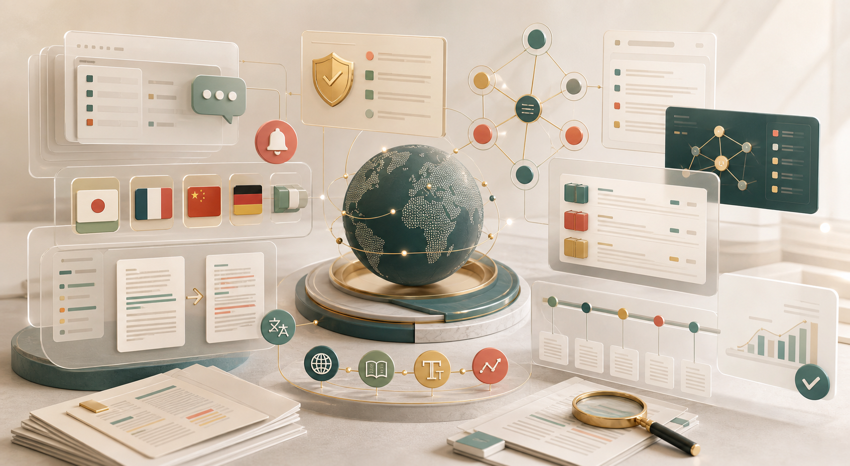 Multilingual translation intelligence workspace with floating interface panels
